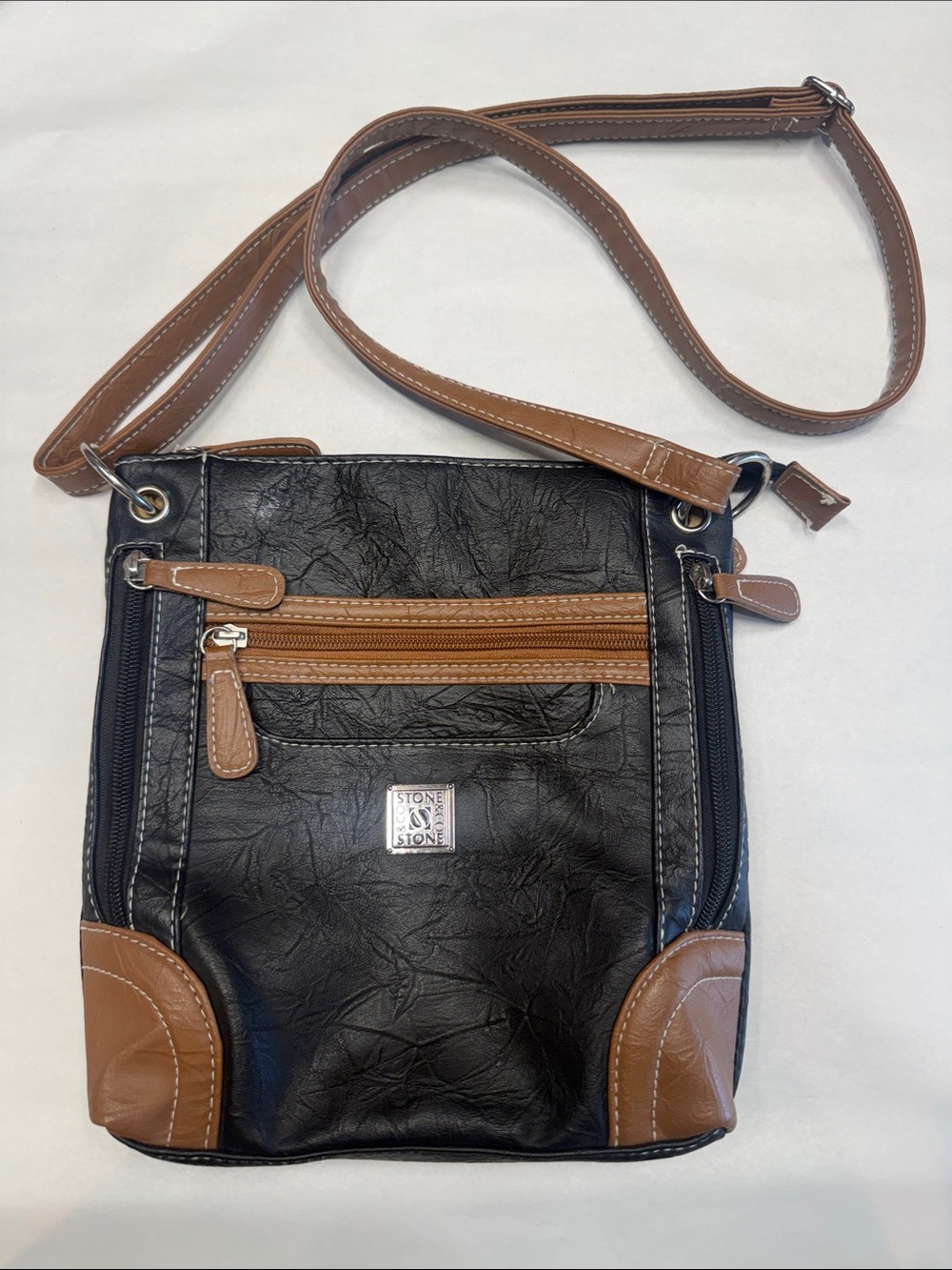 Stone & Co. Black and Brown Leather-Trim Crossbody Bag